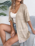 Open Front Eyelet Knit Duster Cardigan - Khaki