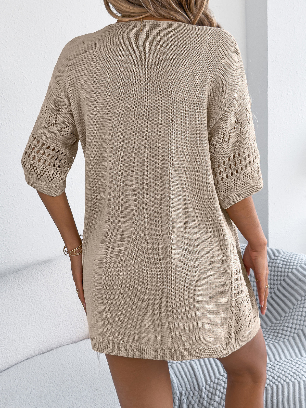 Open Front Eyelet Knit Duster Cardigan - Khaki - 1