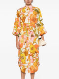 Retro Floral Puff Sleeve Linen Midi Dress - Yellow