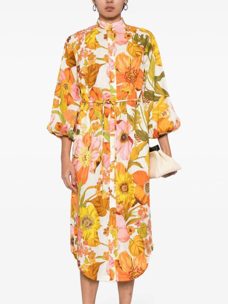 Retro Floral Puff Sleeve Linen Midi Dress - Yellow