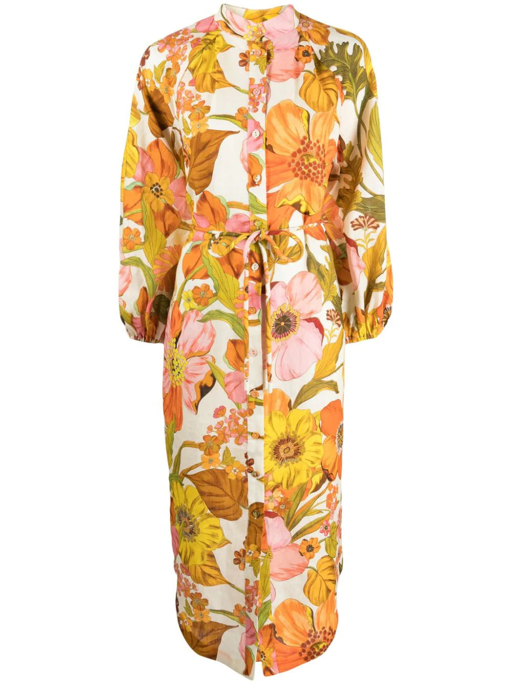 Retro Floral Puff Sleeve Linen Midi Dress - Yellow - 1