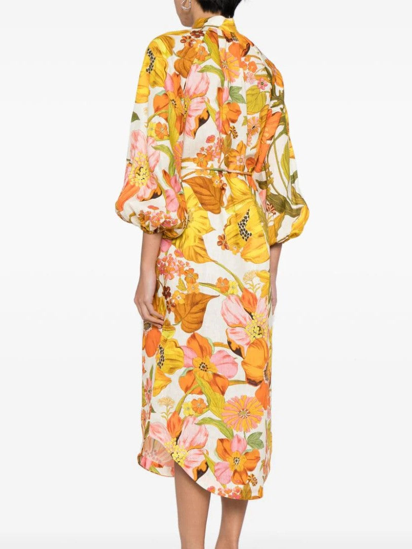 Retro Floral Puff Sleeve Linen Midi Dress - Yellow - 2