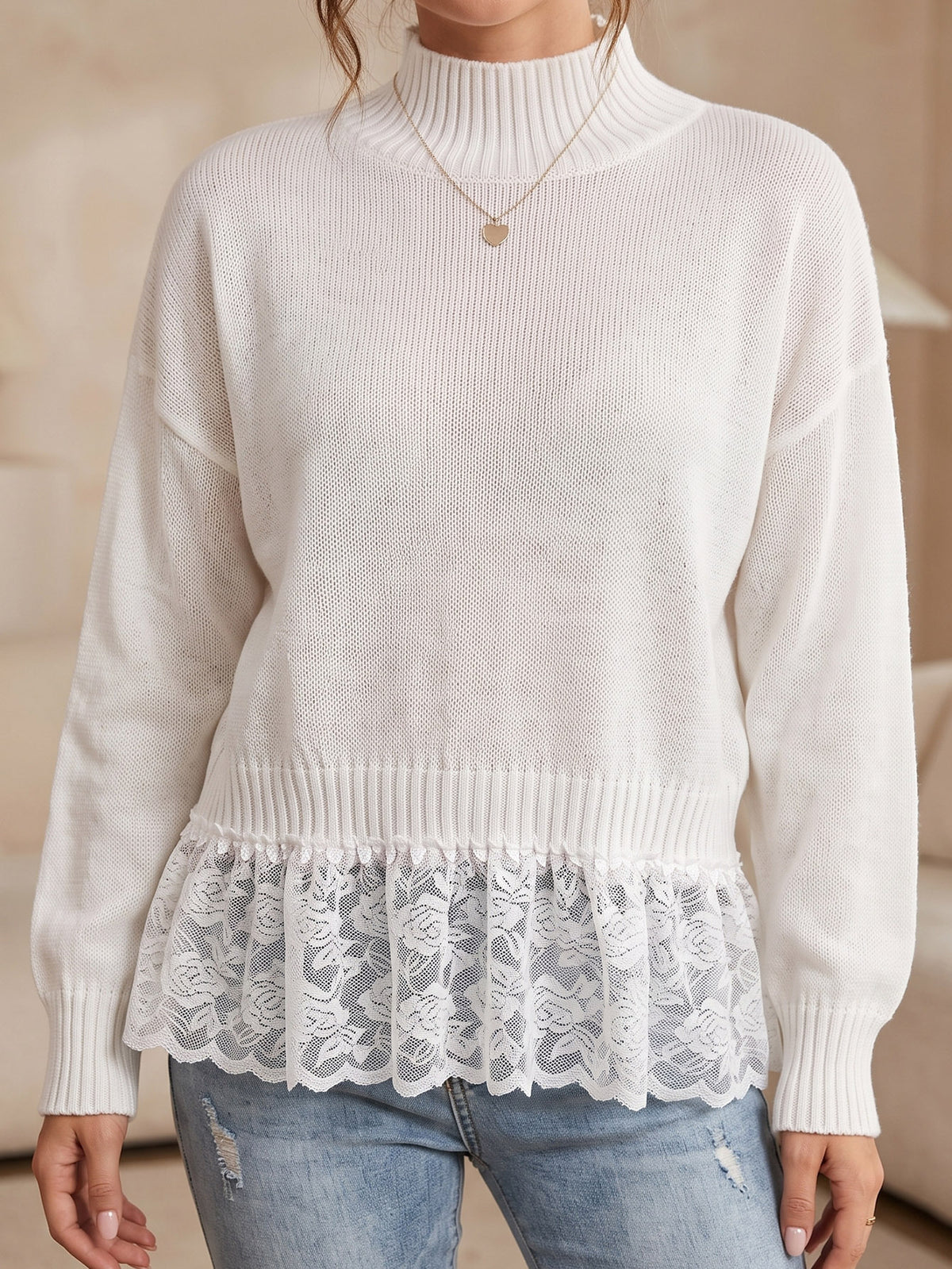 Mock Neck Lace Trim Drop Shoulder Knit Sweater - White
