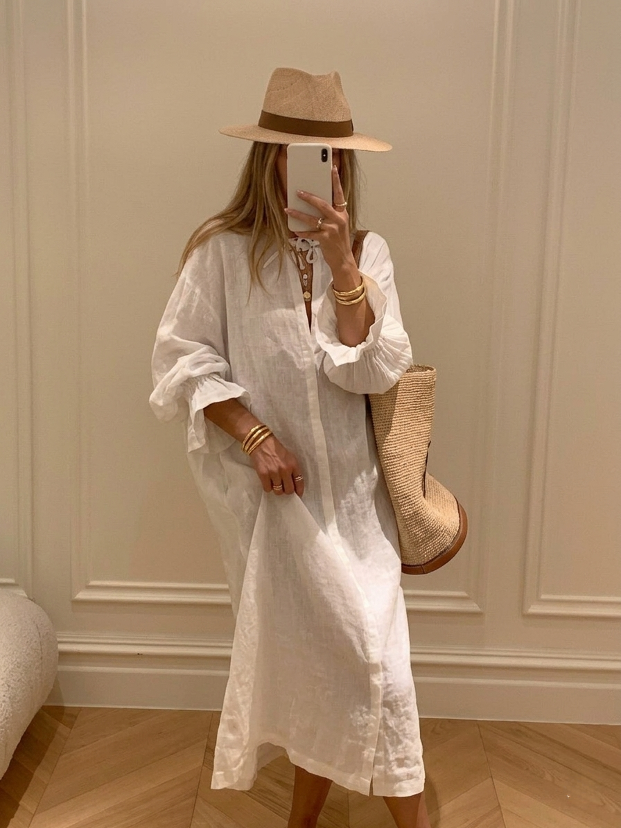 Linen Blend Oversized Maxi Shirt Dress - White