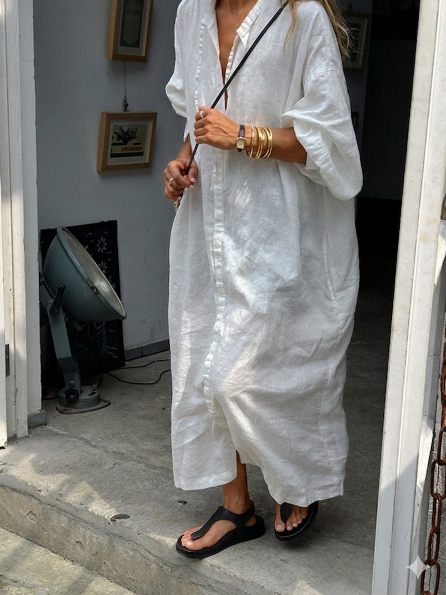 Linen Blend Oversized Maxi Shirt Dress - White - 1