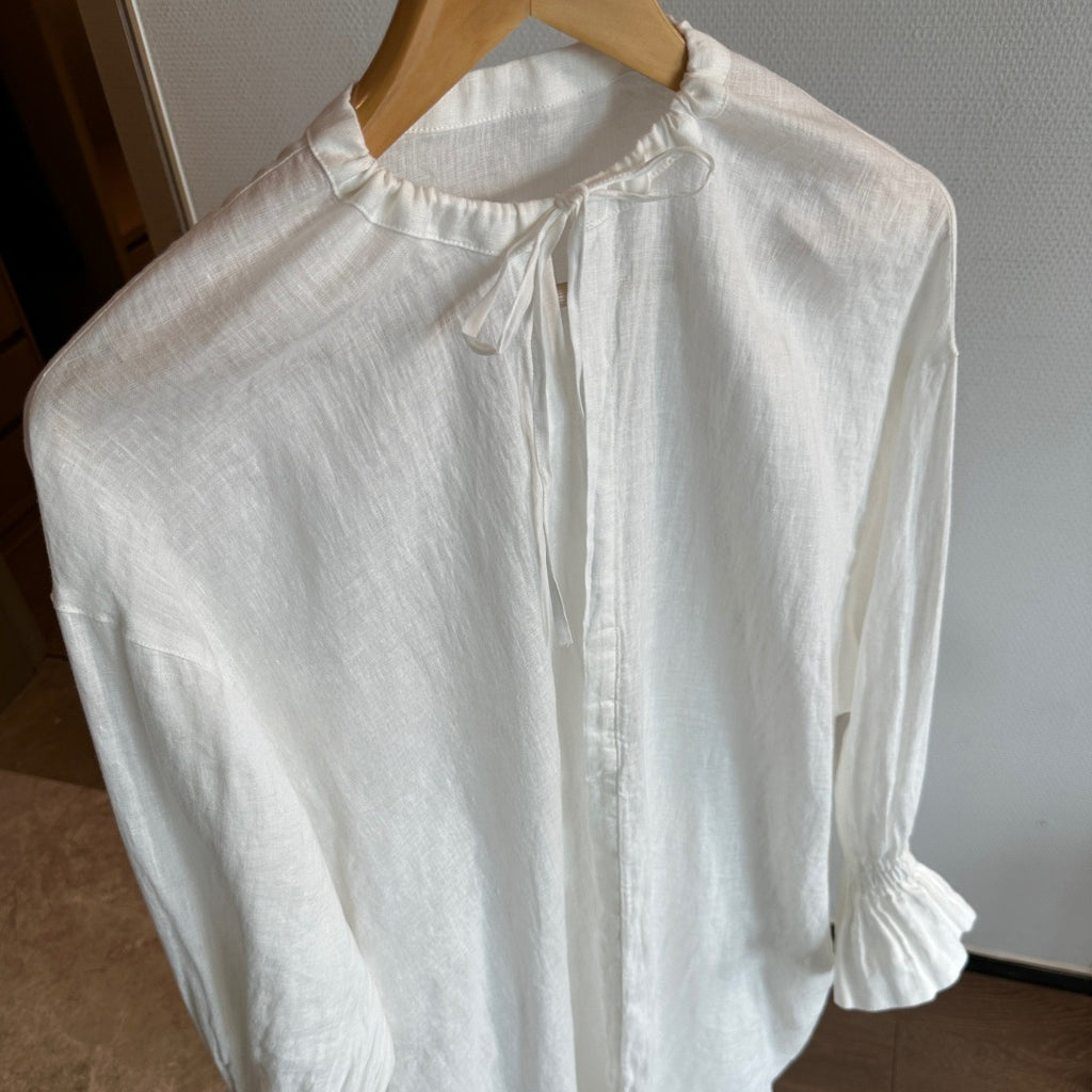Linen Blend Oversized Maxi Shirt Dress - White - 3
