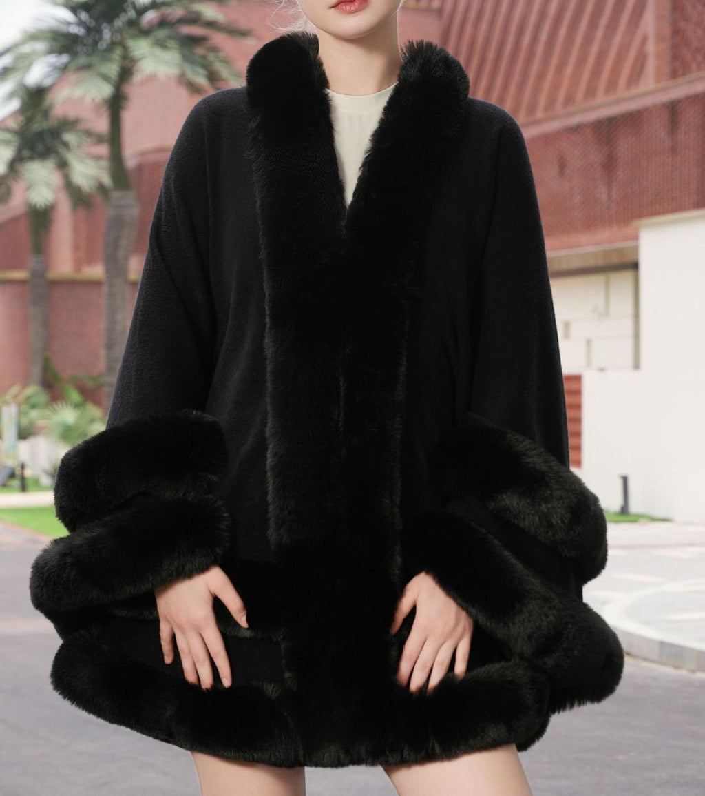 Faux Fur Trim Knit Cape Shawl - Black