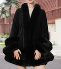Faux Fur Trim Knit Cape Shawl - Black