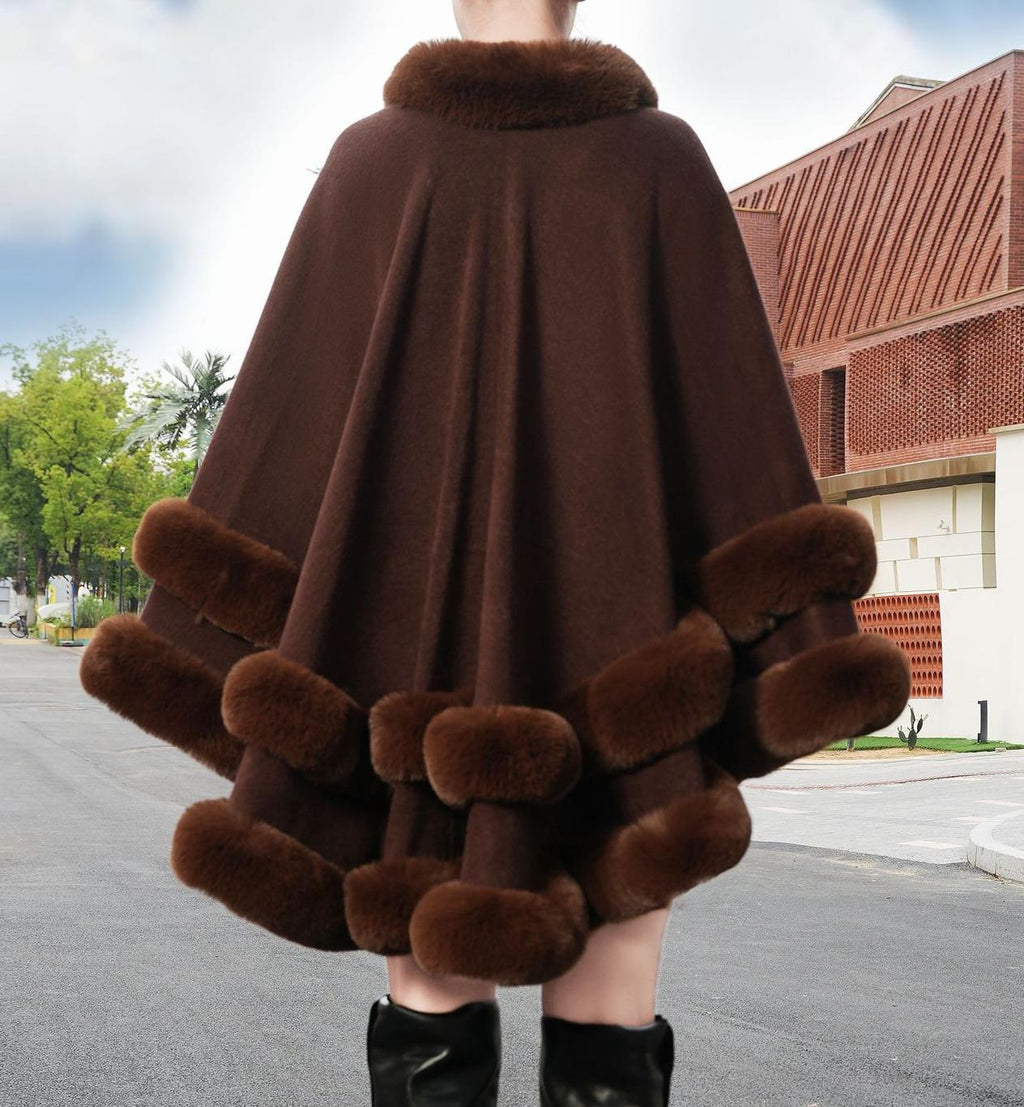Faux Fur Trim Knit Cape Shawl - Coffee - 1