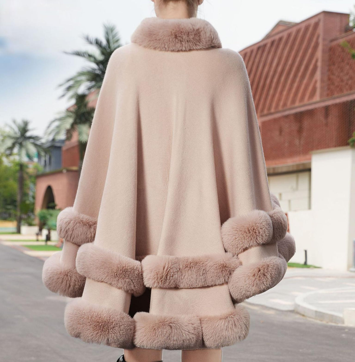 Faux Fur Trim Knit Cape Shawl - Pink