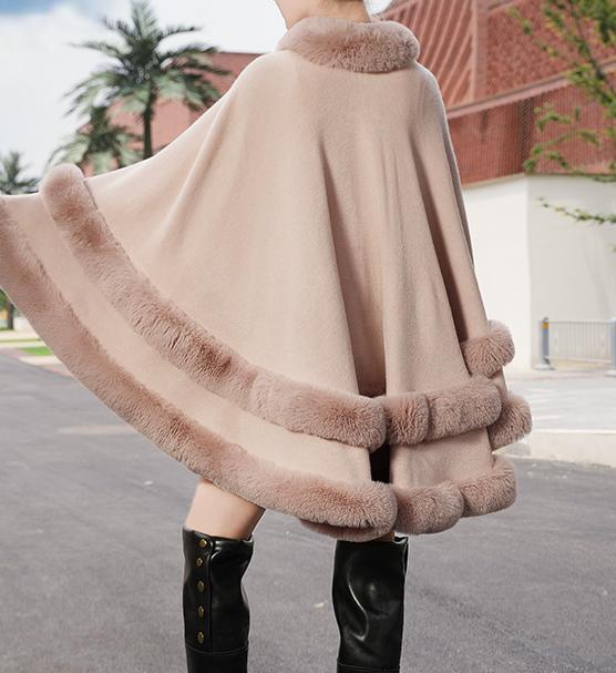 Faux Fur Trim Knit Cape Shawl - Pink - 2
