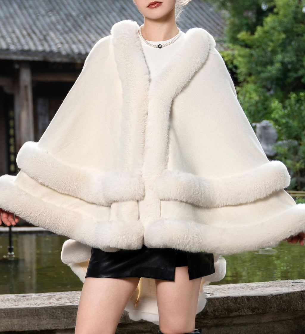 Faux Fur Trim Knit Cape Shawl - White