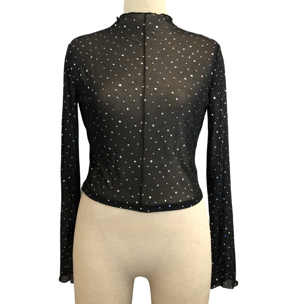 Glitter Sheer Mesh Mock Neck Blouse - Black