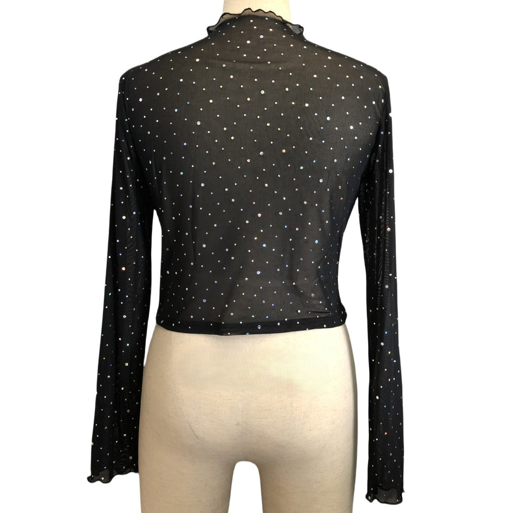 Glitter Sheer Mesh Mock Neck Blouse - Black - 1
