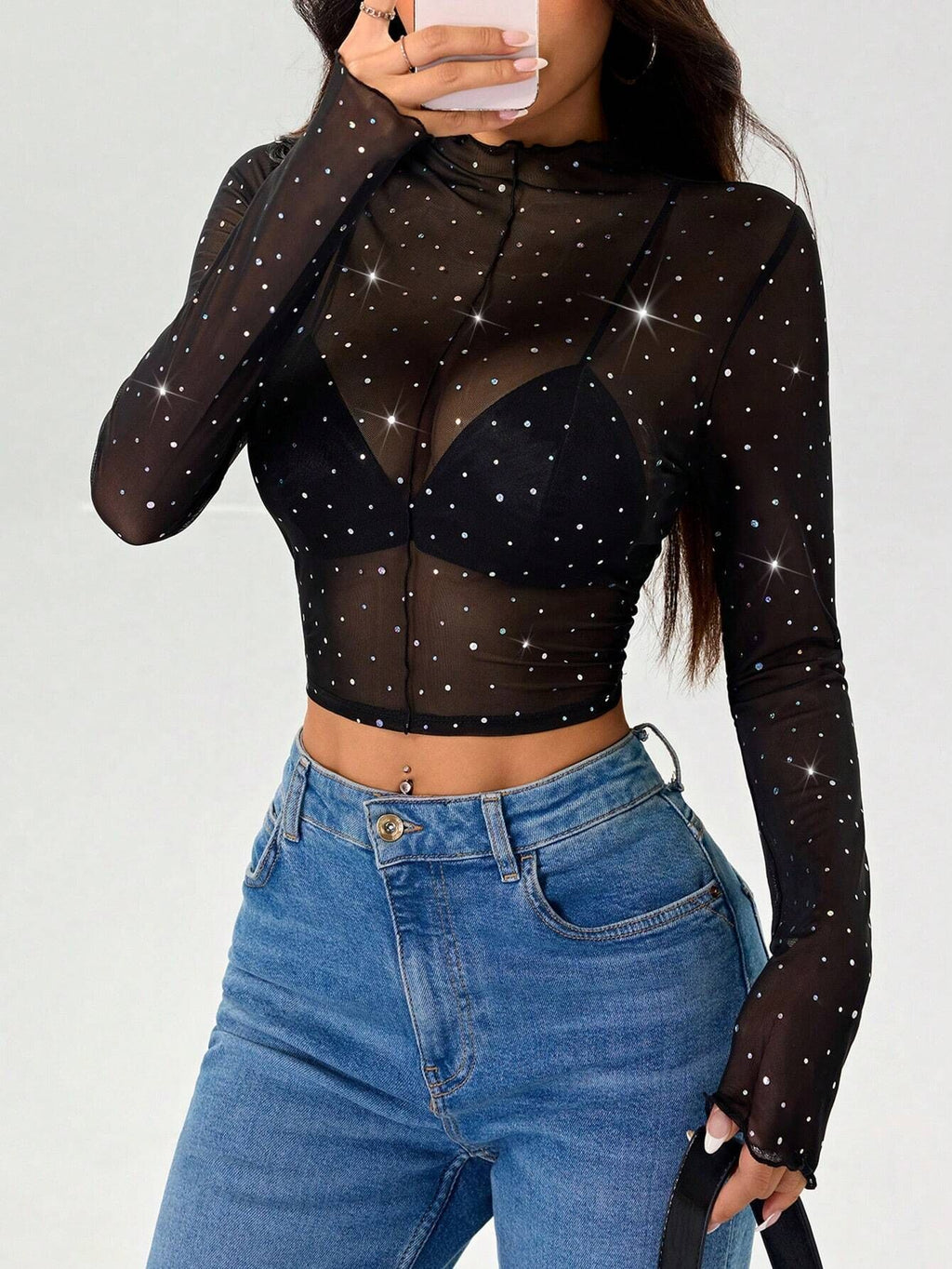 Glitter Sheer Mesh Mock Neck Blouse - Black - 2