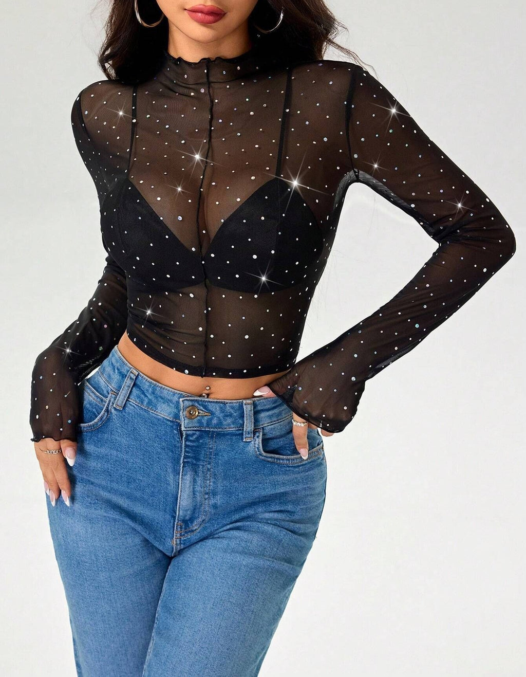 Glitter Sheer Mesh Mock Neck Blouse - view 1