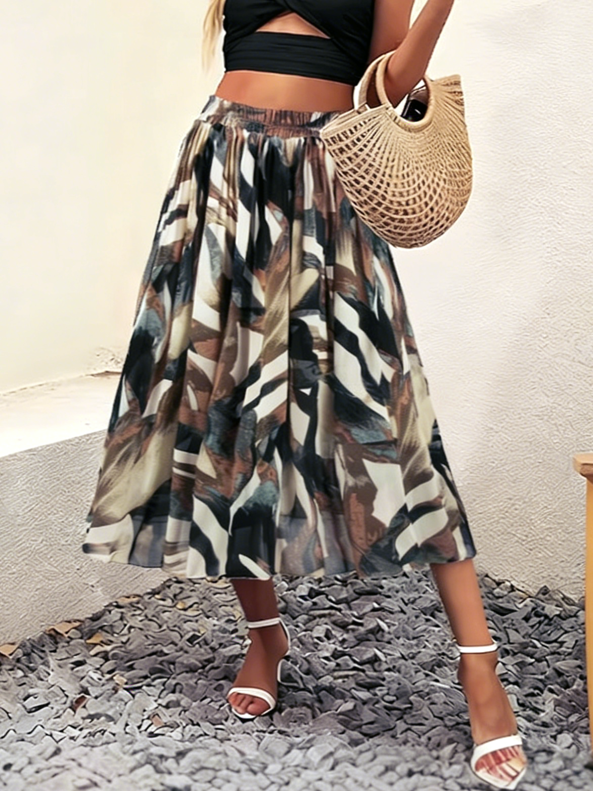 Watercolor Floral Chiffon Maxi Skirt - Green - 1