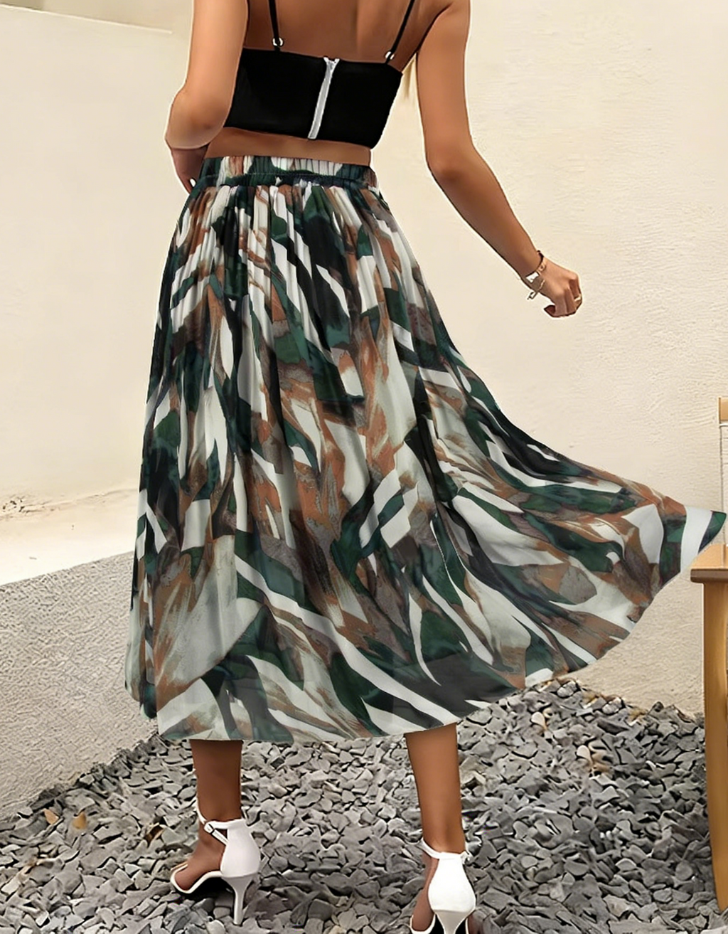 Watercolor Floral Chiffon Maxi Skirt - Green - 2