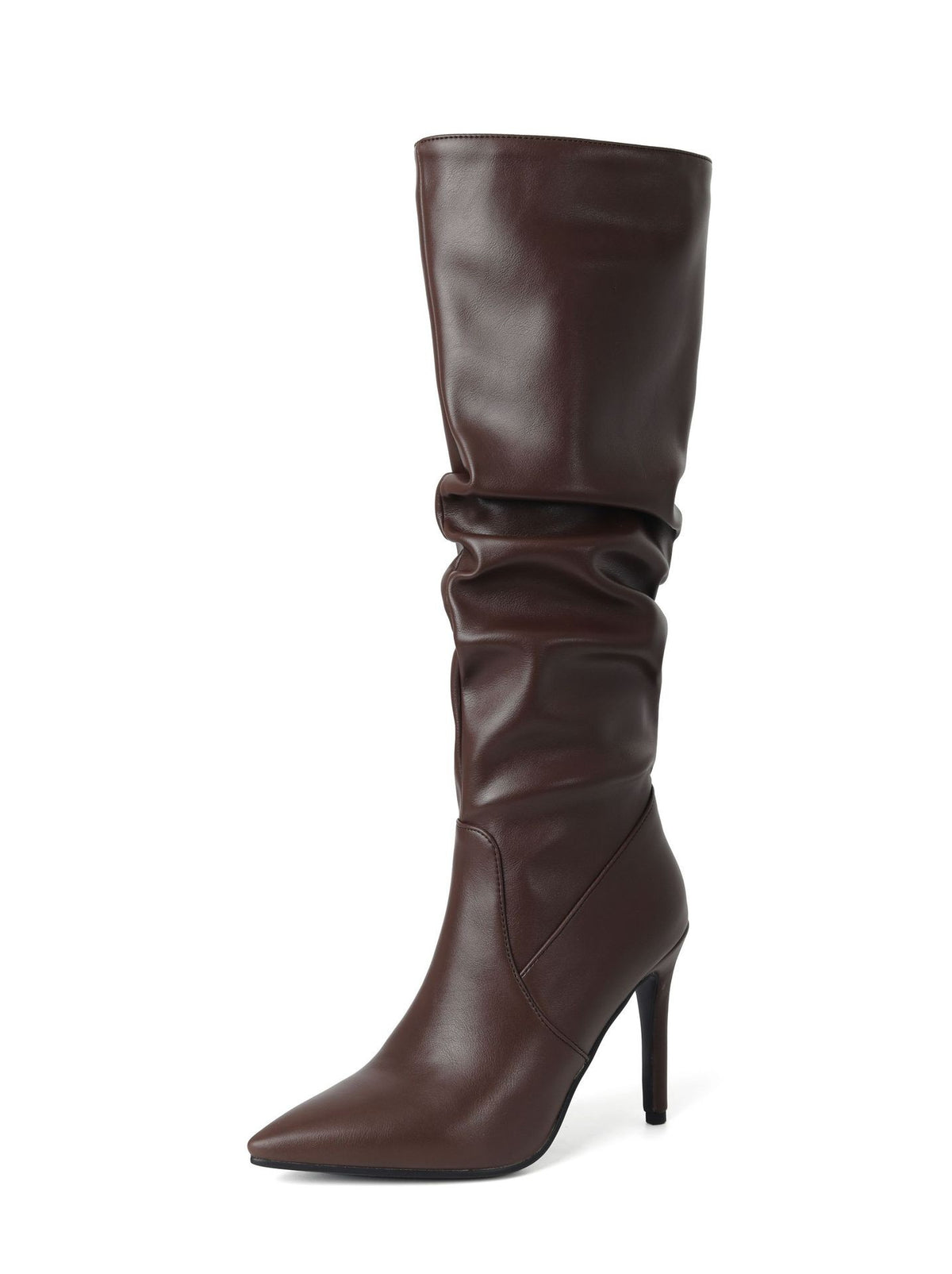 Ruched Faux Leather Stiletto Knee High Boots - Brown