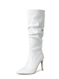 Ruched Faux Leather Stiletto Knee High Boots - White