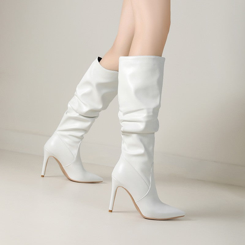 Ruched Faux Leather Stiletto Knee High Boots