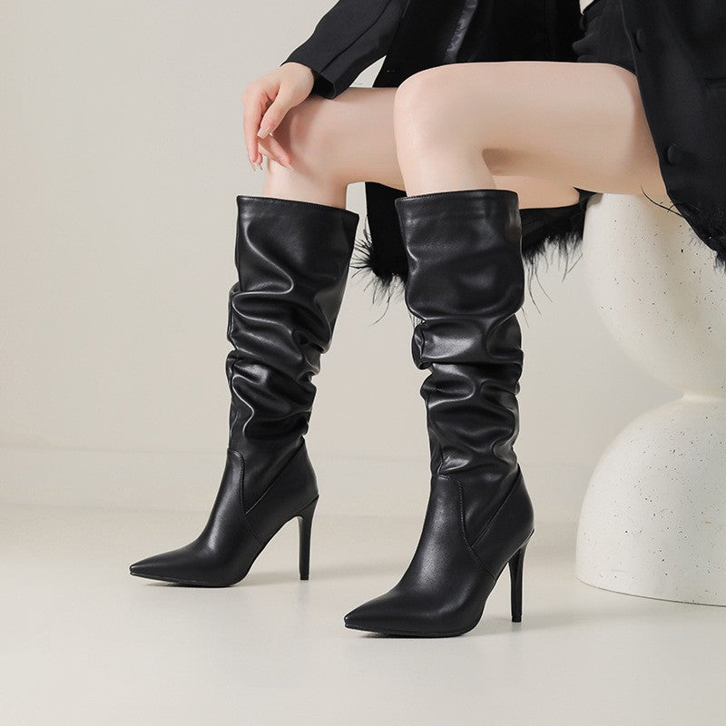 Ruched Faux Leather Stiletto Knee High Boots