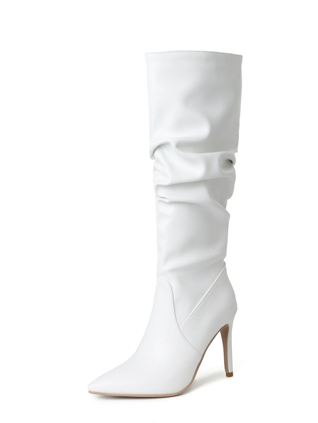 Ruched Faux Leather Stiletto Knee High Boots
