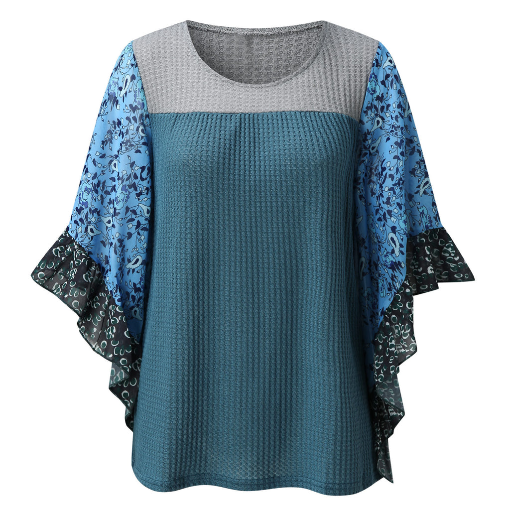 Mixed Print Kimono Sleeve Waffle Top - Blue