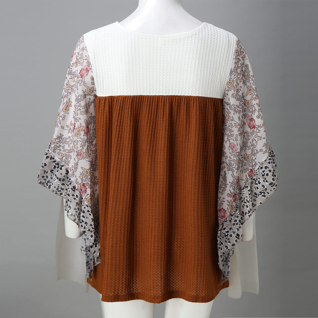 Mixed Print Kimono Sleeve Waffle Top - Brown - 1