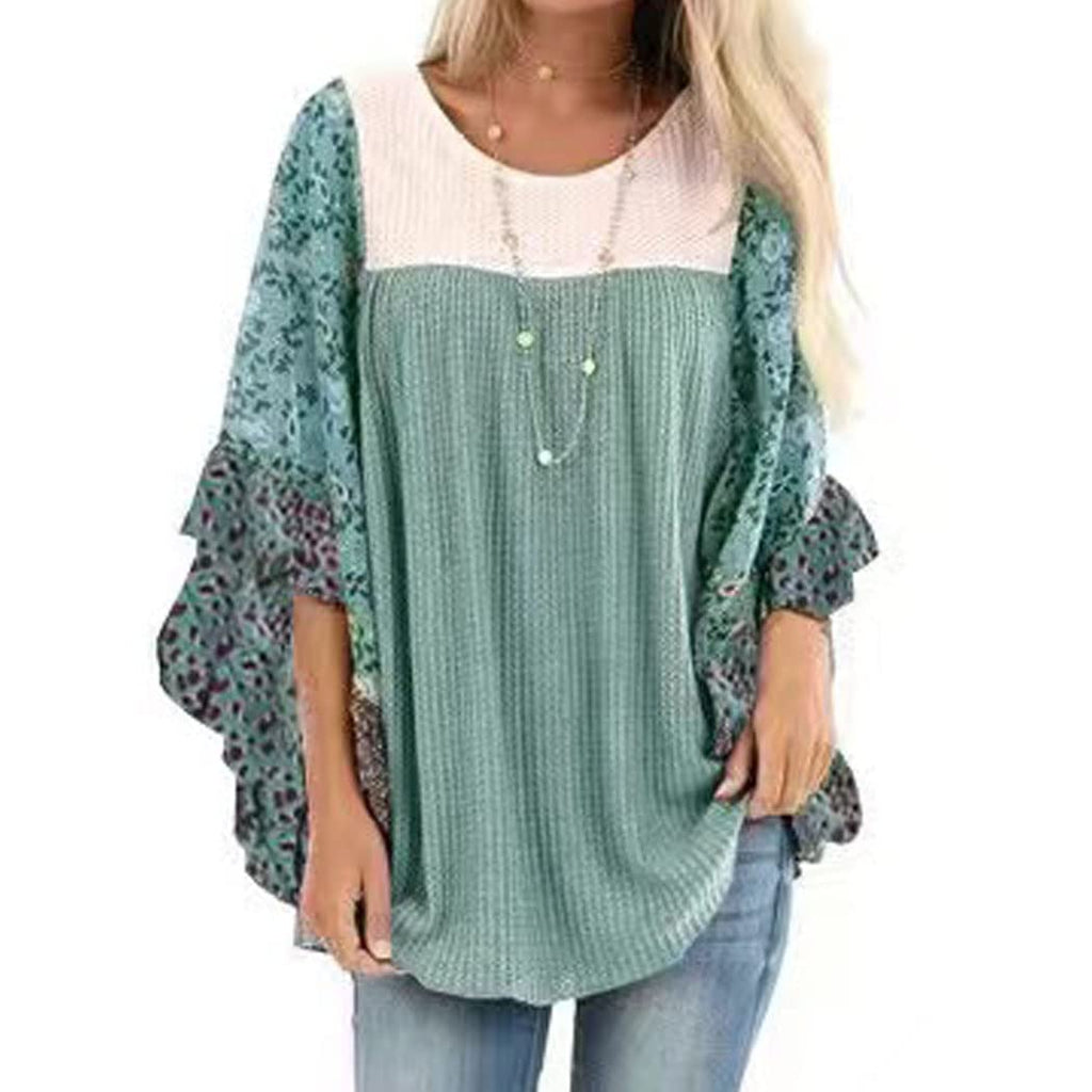 Mixed Print Kimono Sleeve Waffle Top - LakeBlue