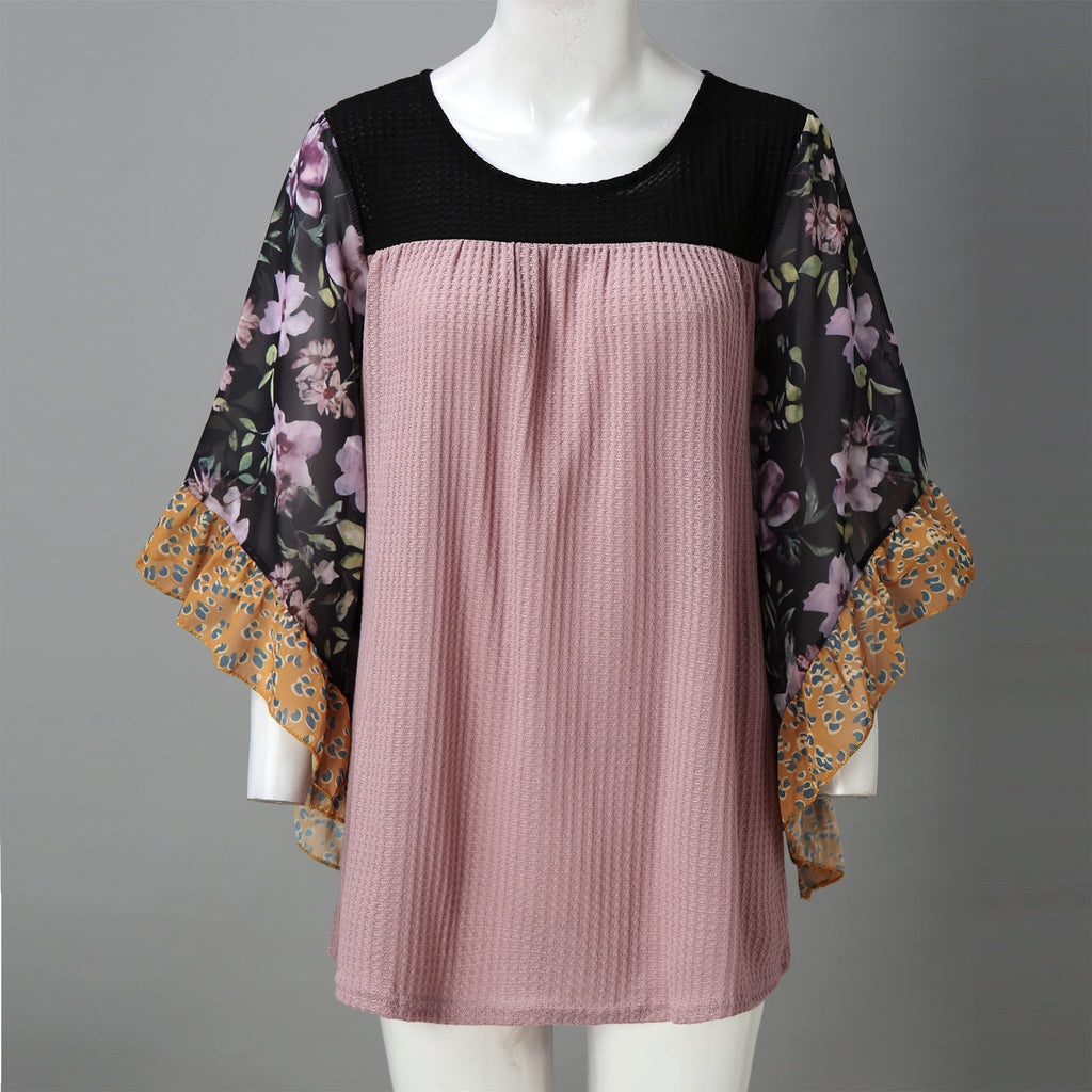 Mixed Print Kimono Sleeve Waffle Top - Peach