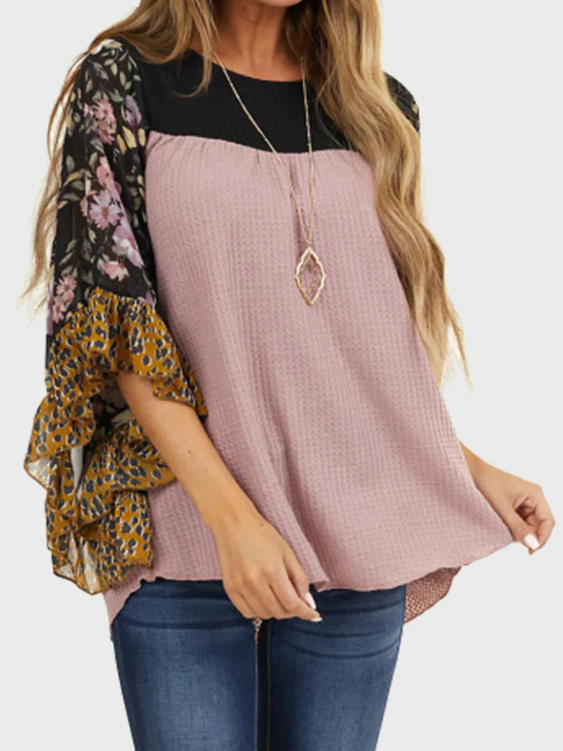 Mixed Print Kimono Sleeve Waffle Top - Peach - 2