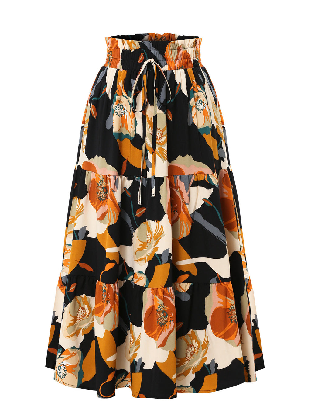 Abstract Floral Drawstring Midi Skirt - Black