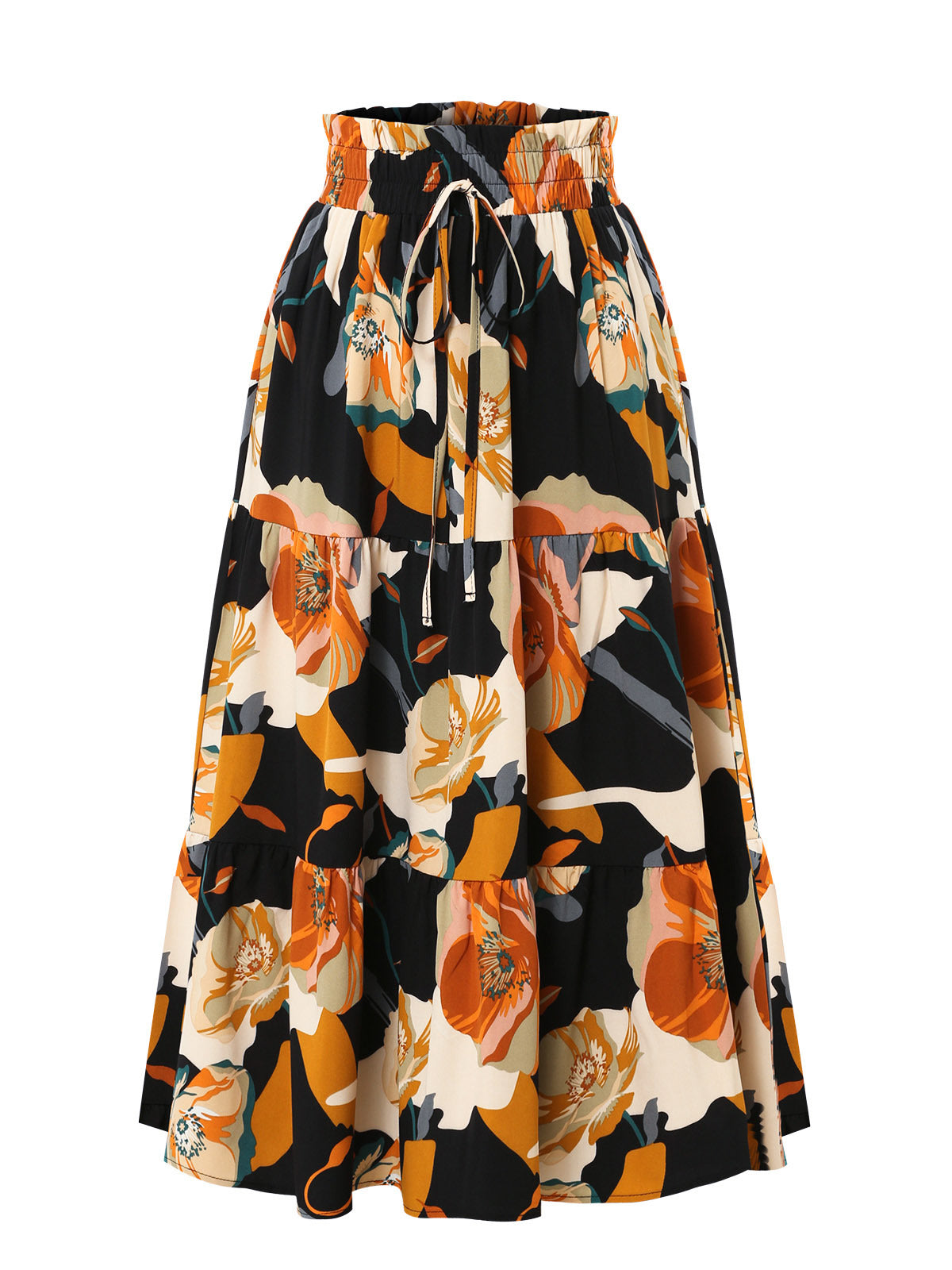 Abstract Floral Drawstring Midi Skirt - Black