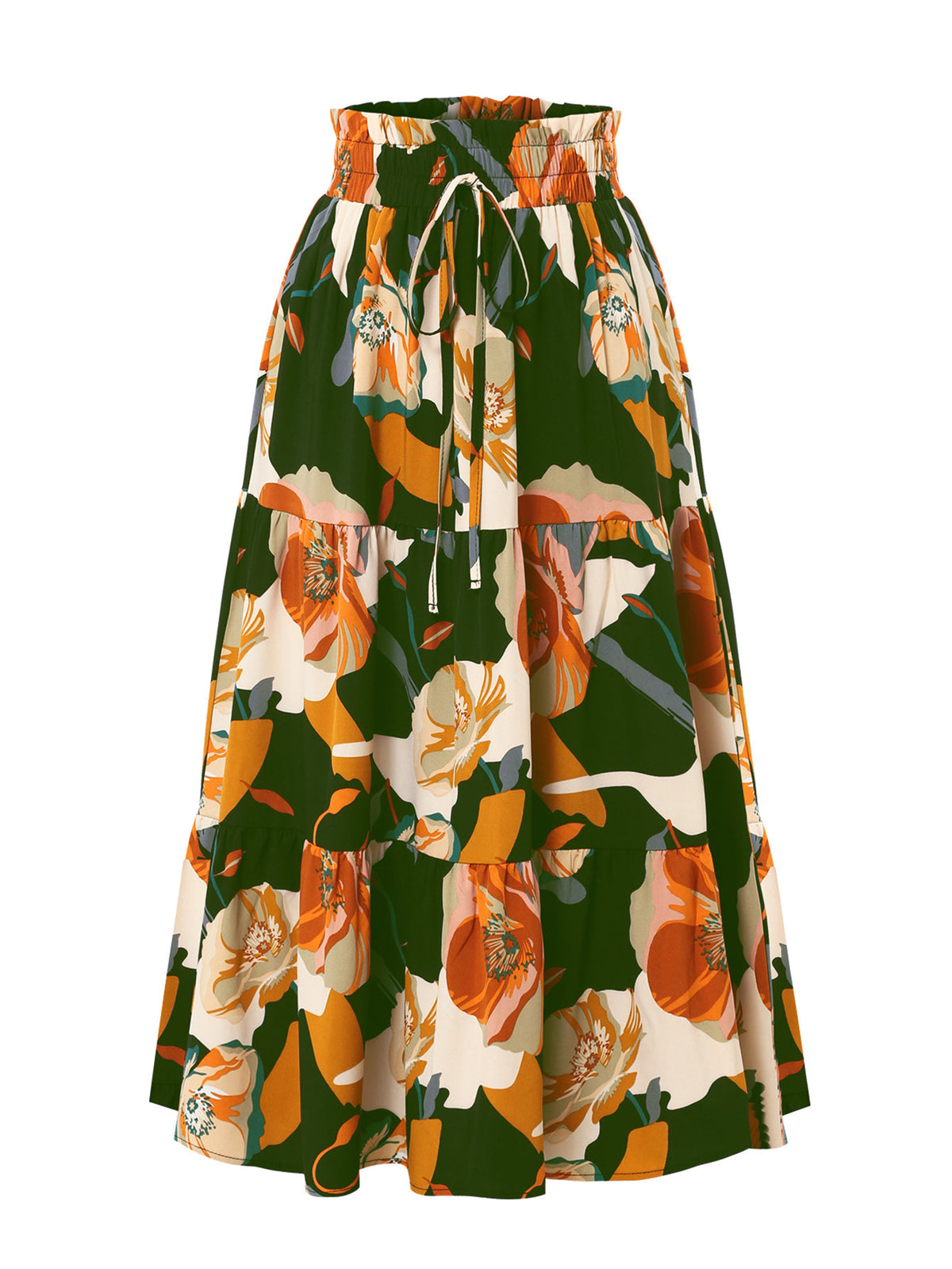 Abstract Floral Drawstring Midi Skirt - Green