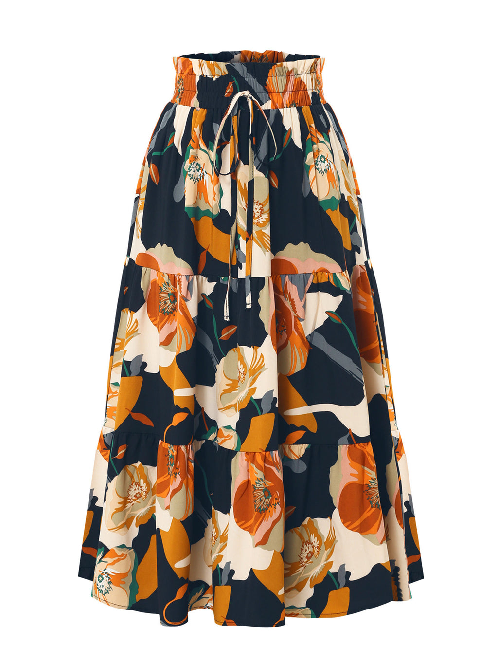 Abstract Floral Drawstring Midi Skirt - Navy_Blue