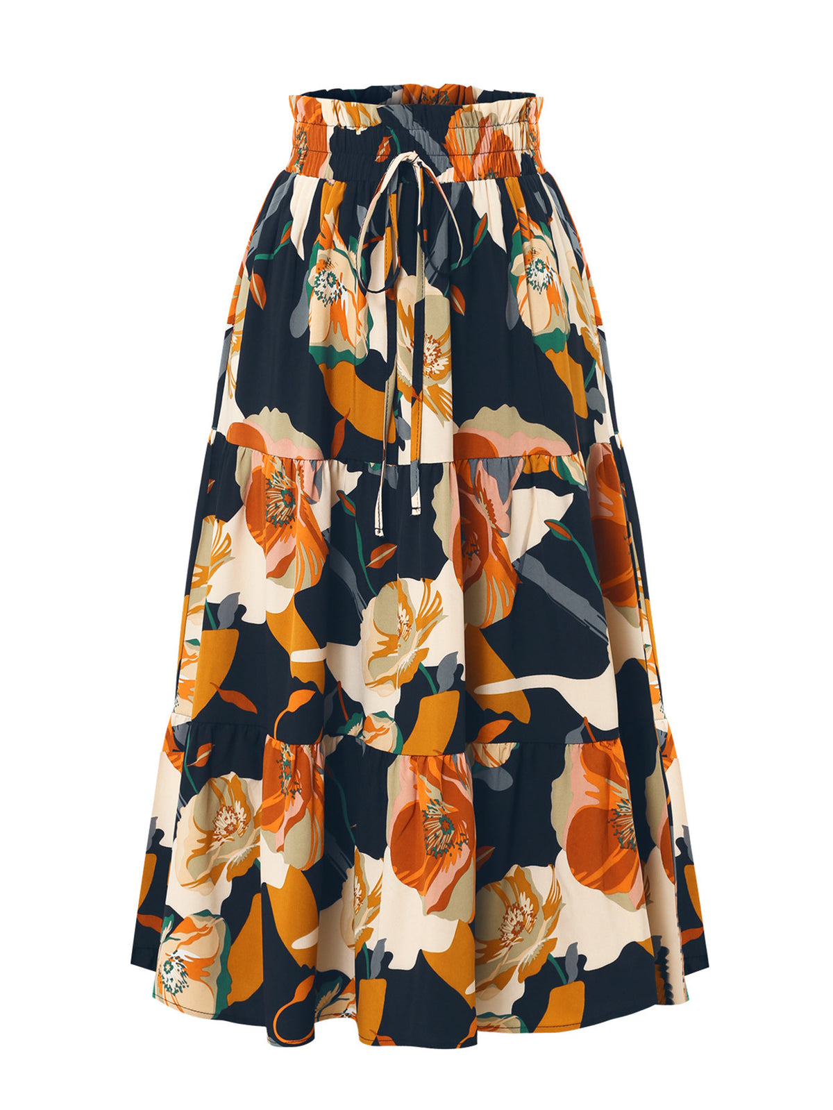 Abstract Floral Drawstring Midi Skirt - Navy_Blue