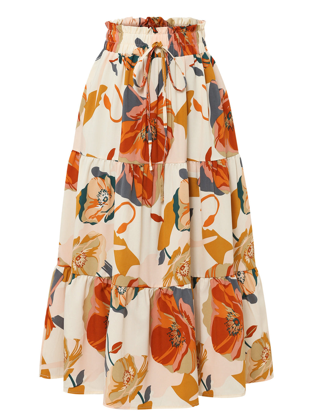 Abstract Floral Drawstring Midi Skirt - Orange