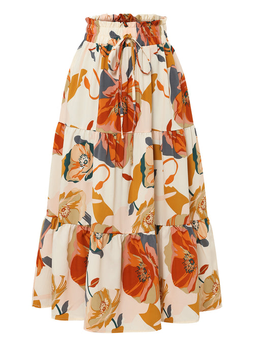 Abstract Floral Drawstring Midi Skirt - Orange