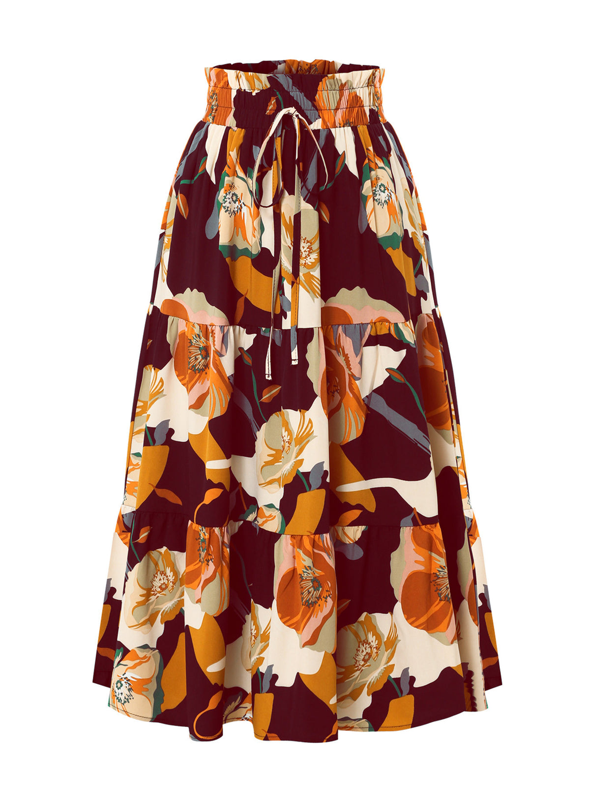 Abstract Floral Drawstring Midi Skirt - Wine_Red