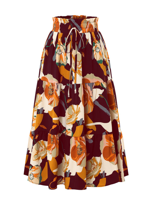 Abstract Floral Drawstring Midi Skirt - Wine_Red