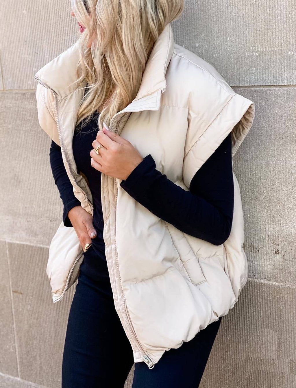 Oversized Padded Gilet Stand Collar Pockets - Beige - 2