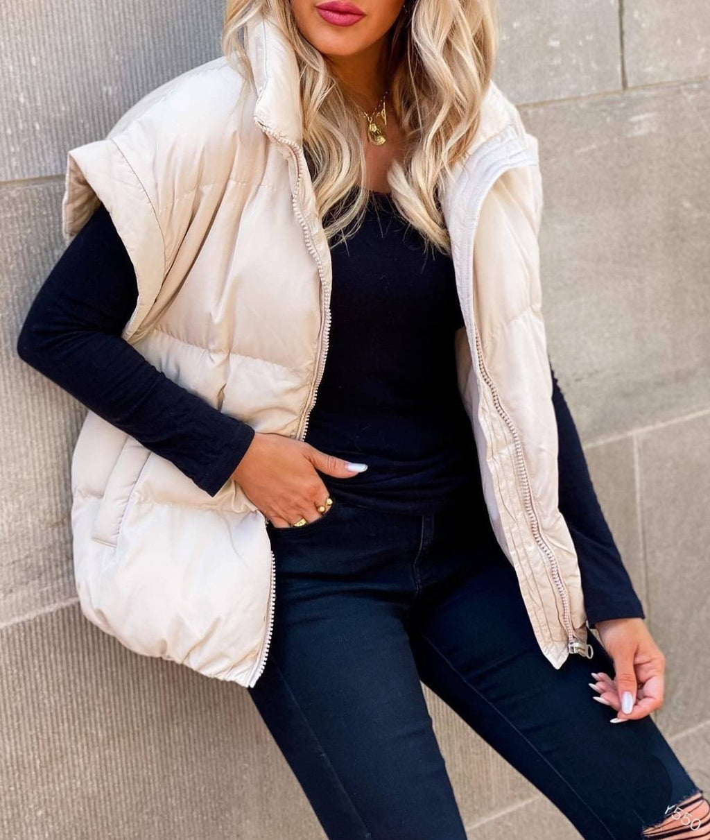 Oversized Padded Gilet Stand Collar Pockets - Beige - 3