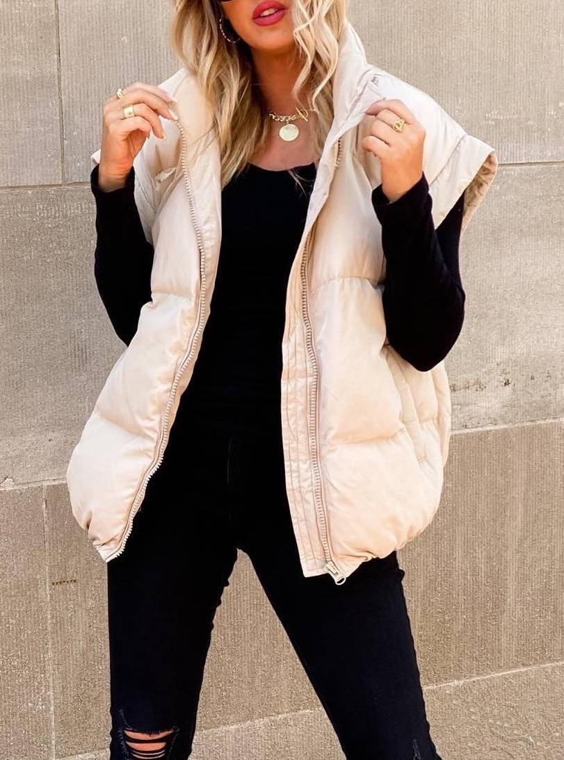 Oversized Padded Gilet Stand Collar Pockets - Beige - 4
