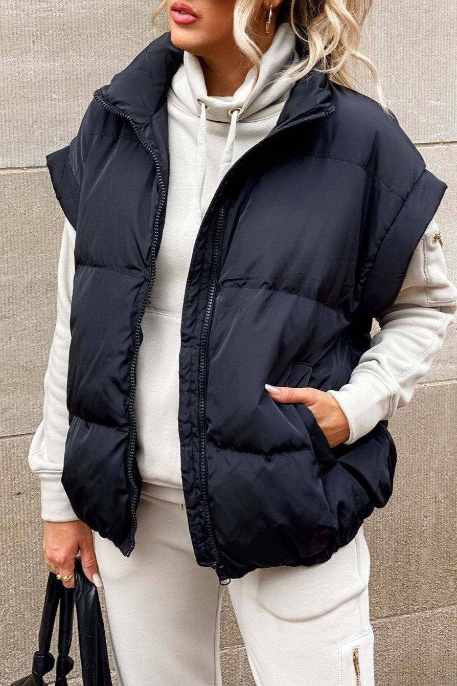 Oversized Padded Gilet Stand Collar Pockets - Black