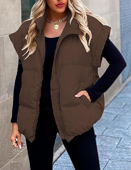 Oversized Padded Gilet Stand Collar Pockets - Brown