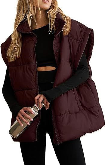 Oversized Padded Gilet Stand Collar Pockets - Burgundy