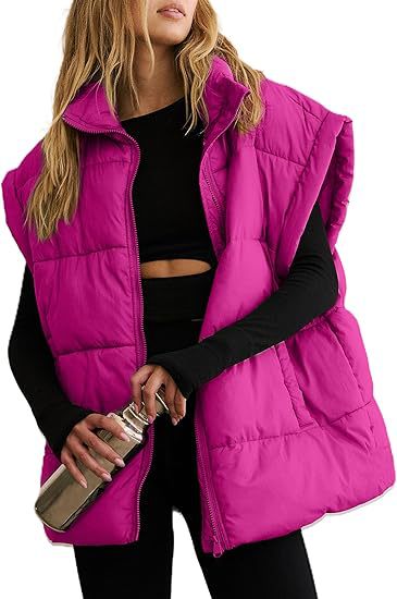 Oversized Padded Gilet Stand Collar Pockets - Fuchsia