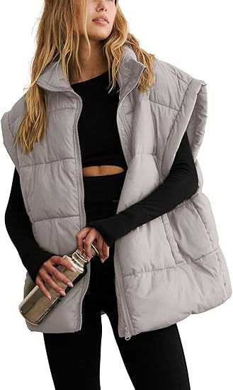 Oversized Padded Gilet Stand Collar Pockets - Grey