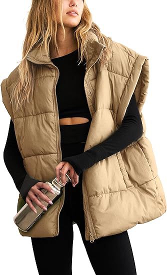Oversized Padded Gilet Stand Collar Pockets - Khaki